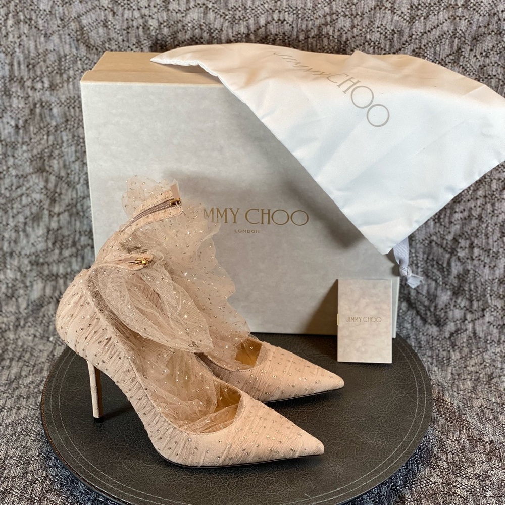 Jimmy Choo Lavish 100 Heels New 37 glitter tulle - Picture 2 of 14